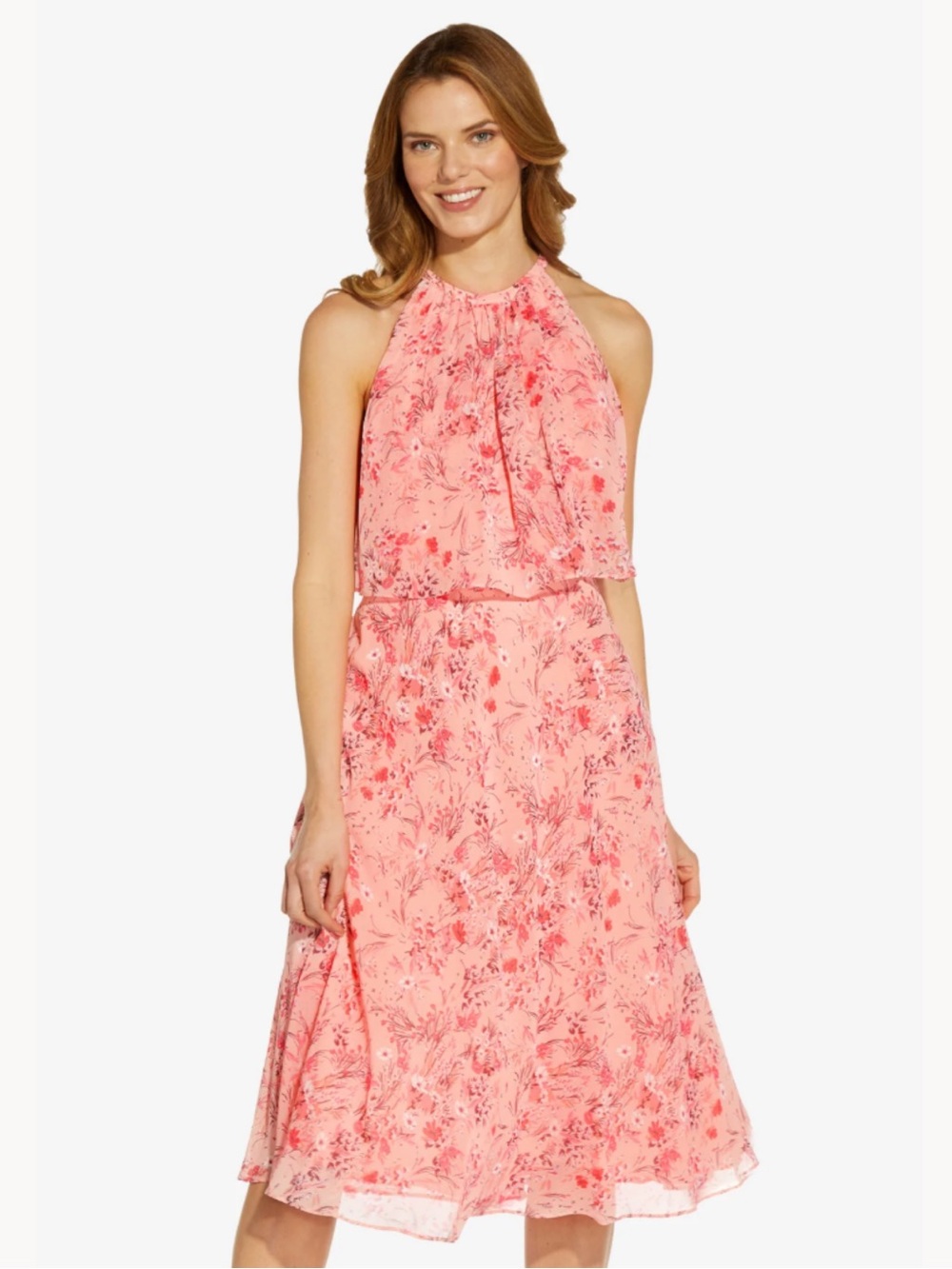 Adrianna Papell Printed Popover Chiffon Dress in Peach Multi